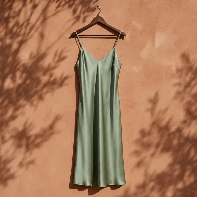 Sage green silk slip dress on a hanger